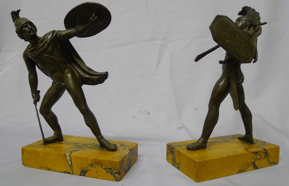 Antique Grand Tour pair of bronze Gladiators on Sienna marble bases.