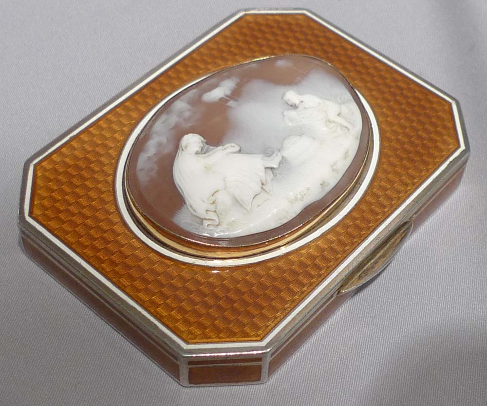 Silver and guilloche enamel snuff box with fine neo-classical cameo.