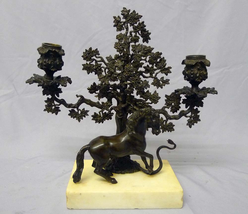 Antique English Regency candelabra of Stallion rearing at a snale on white marble base.