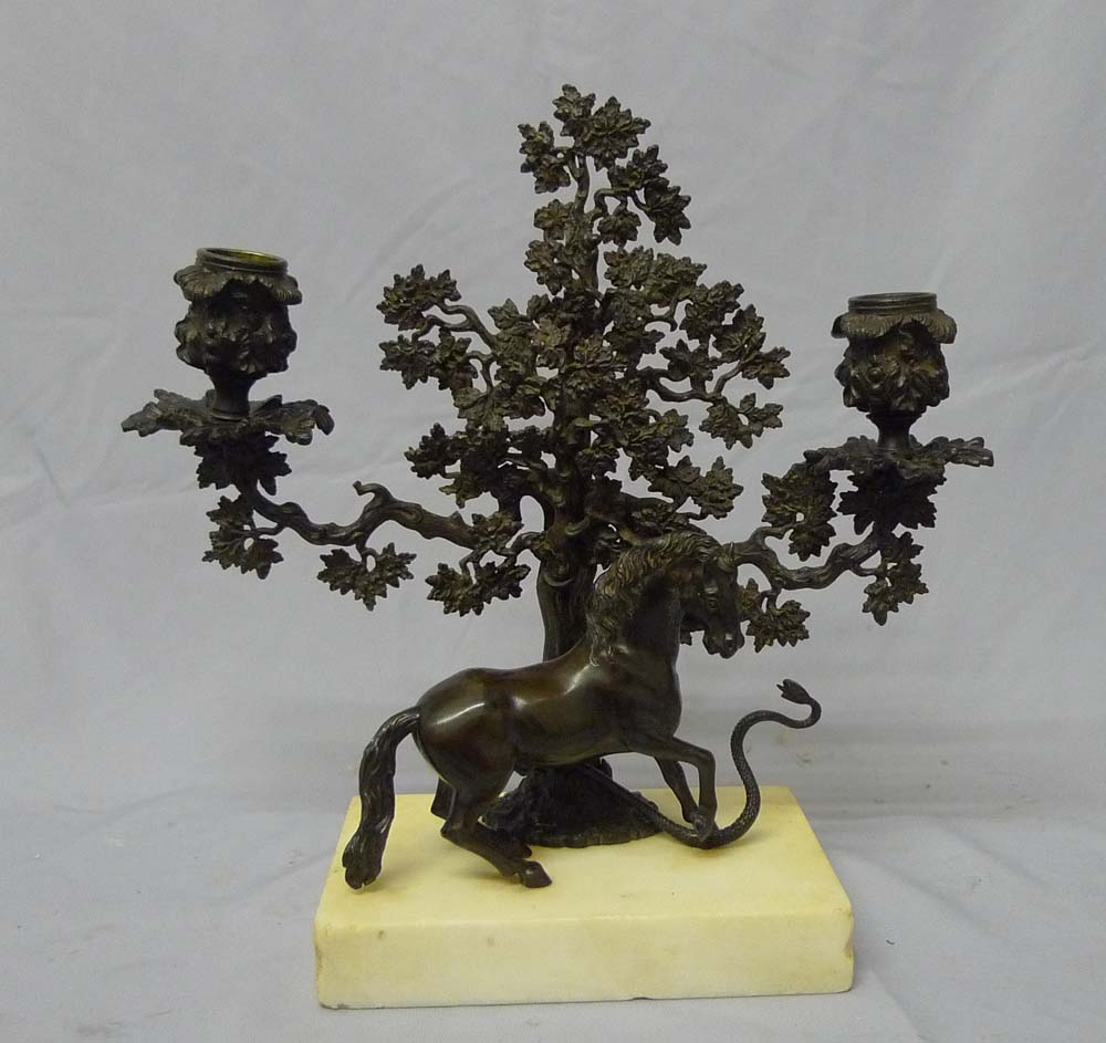 Antique English Regency candelabra of Stallion rearing at a snale on white marble base.