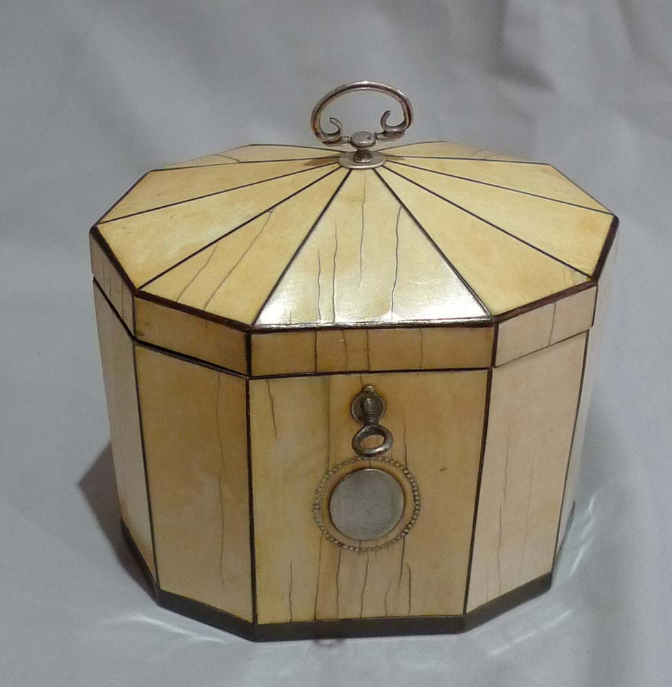 Antique English George III 18th century decagonal tented ivory tea caddy with tortoiseshell stringin