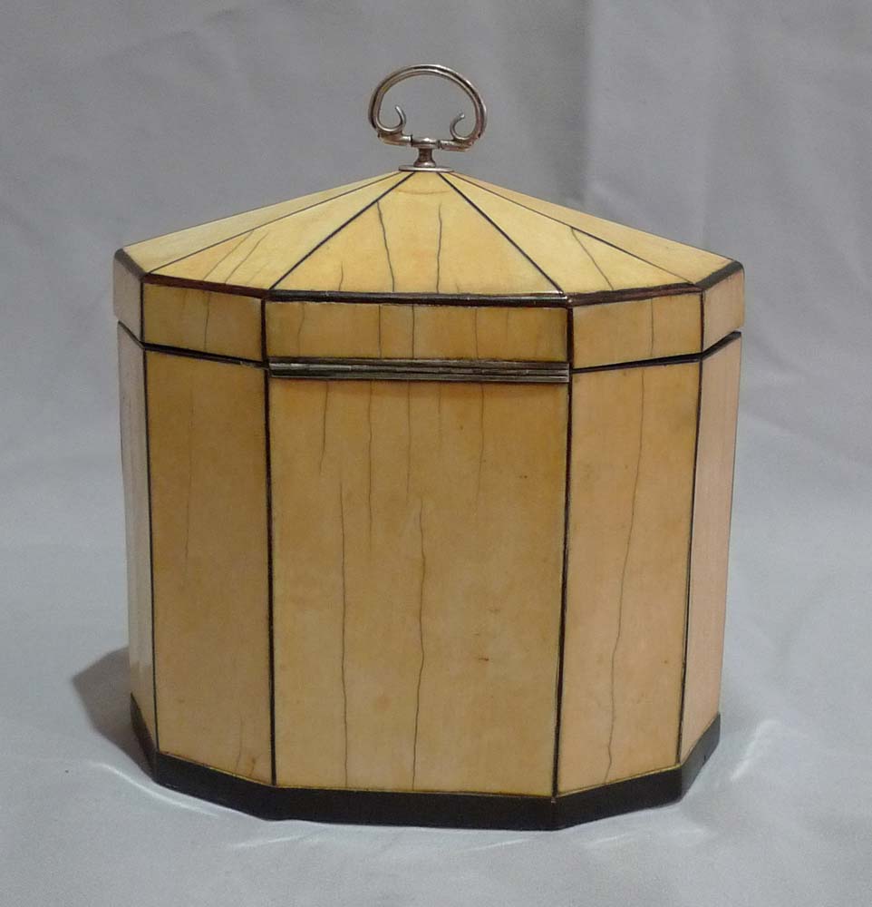 Antique English George III 18th century decagonal tented ivory tea caddy with tortoiseshell stringin