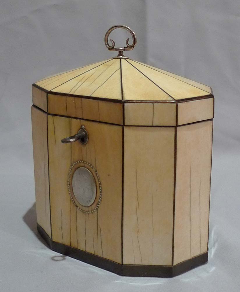 Antique English George III 18th century decagonal tented ivory tea caddy with tortoiseshell stringin