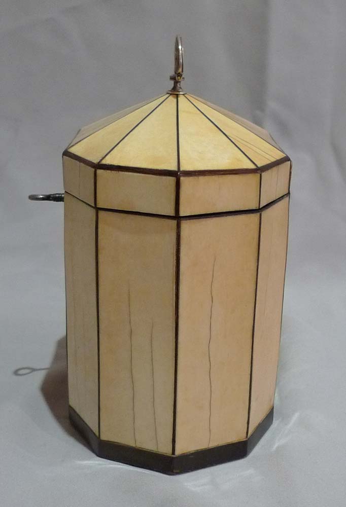 Antique English George III 18th century decagonal tented ivory tea caddy with tortoiseshell stringin