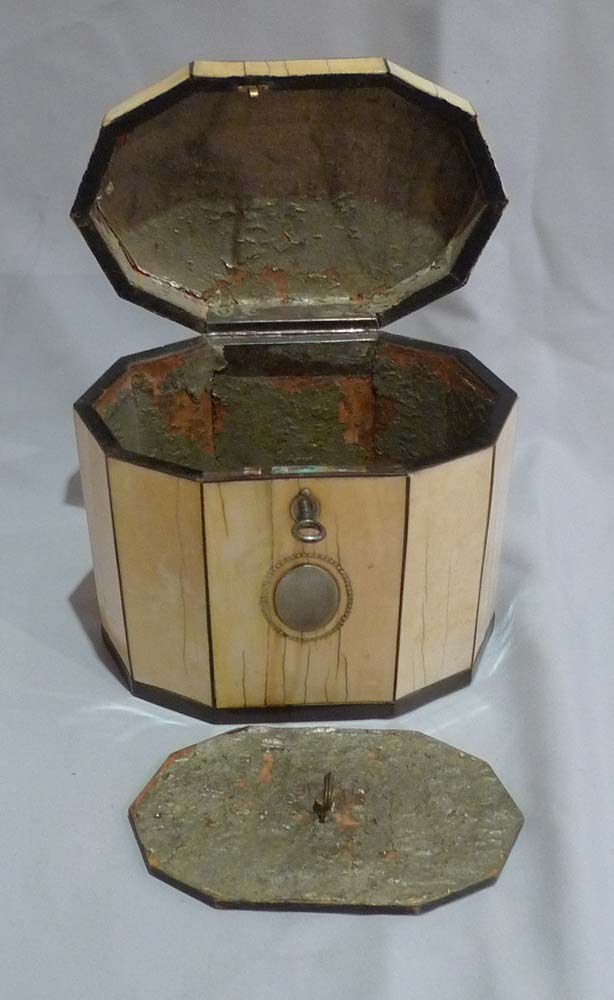 Antique English George III 18th century decagonal tented ivory tea caddy with tortoiseshell stringin