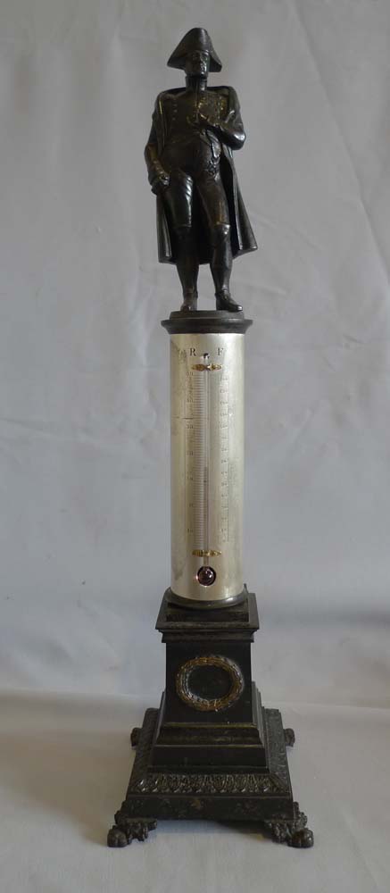 Antique French bronze of Napoleon standing on a column incorporating a thermometer.