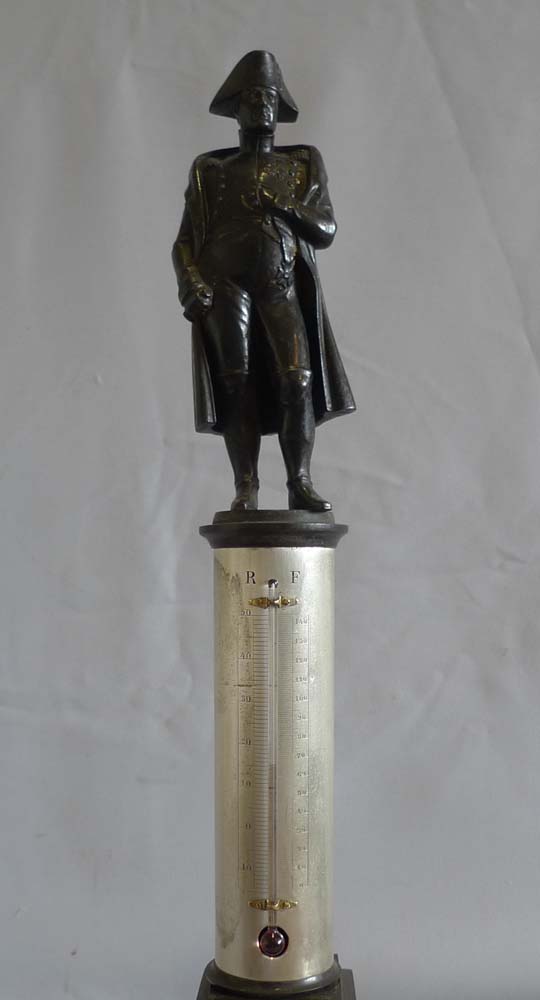 Antique French bronze of Napoleon standing on a column incorporating a thermometer.
