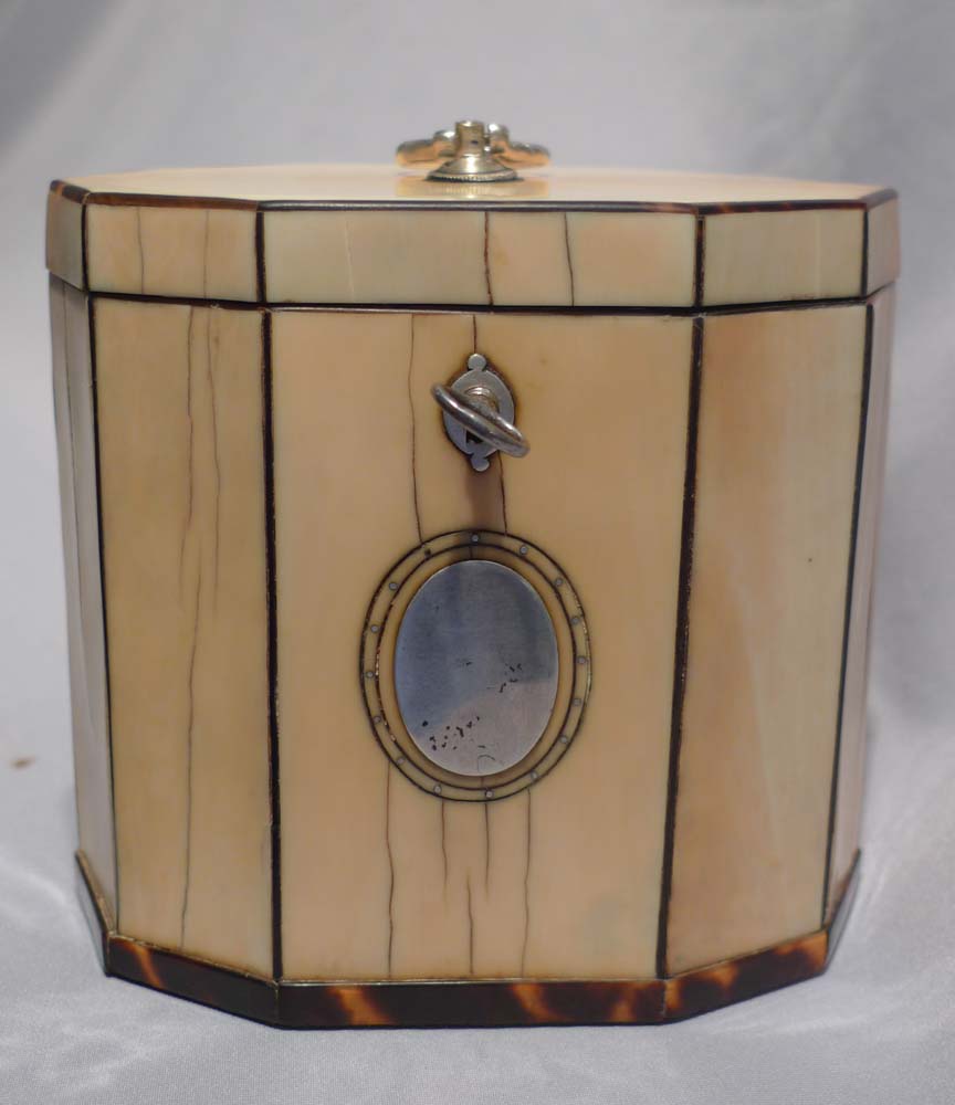 Antique ivory and tortoiseshell English George III ten sided tea caddy.