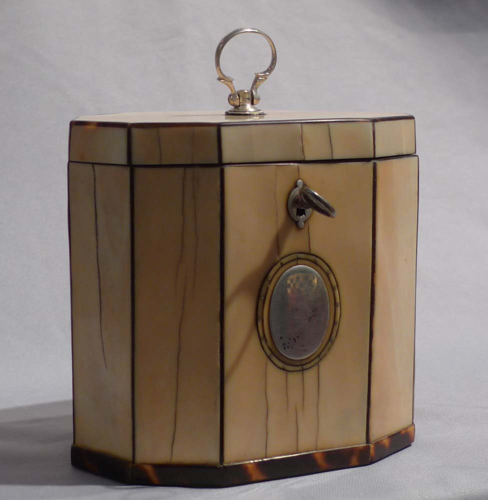 Antique ivory and tortoiseshell English George III ten sided tea caddy.
