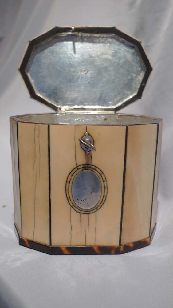 Antique ivory and tortoiseshell English George III ten sided tea caddy.