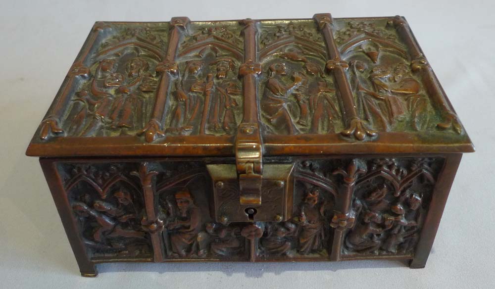 Antique English Gothic revival patinated bronze jewellry box in form of a Gothic coffer.