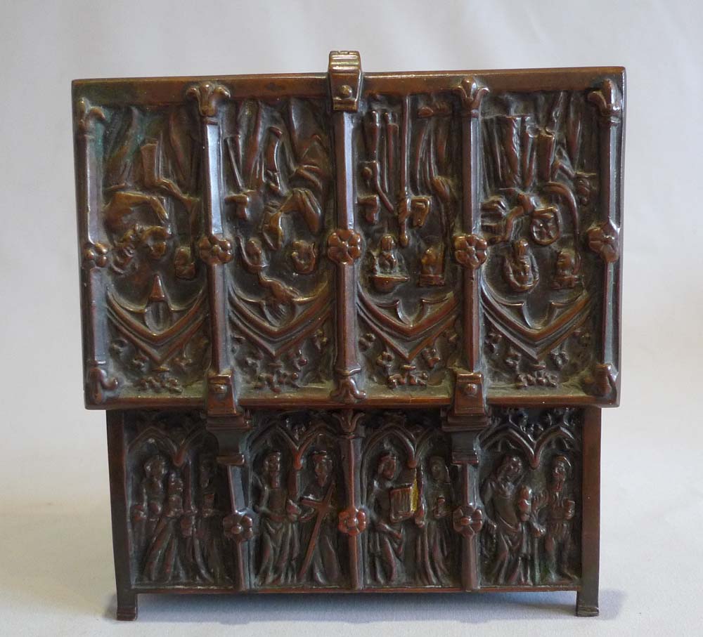 Antique English Gothic revival patinated bronze jewellry box in form of a Gothic coffer.