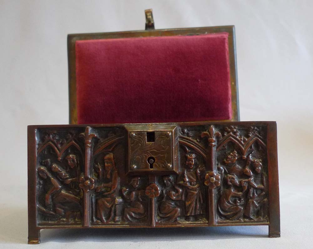 Antique English Gothic revival patinated bronze jewellry box in form of a Gothic coffer.
