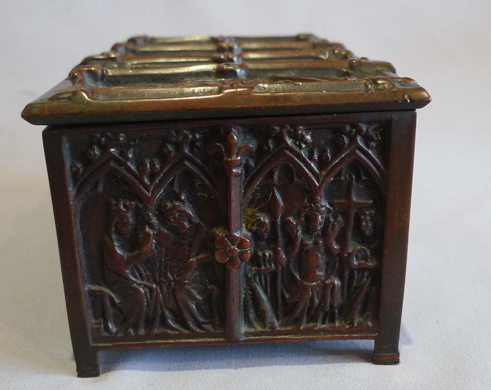 Antique English Gothic revival patinated bronze jewellry box in form of a Gothic coffer.
