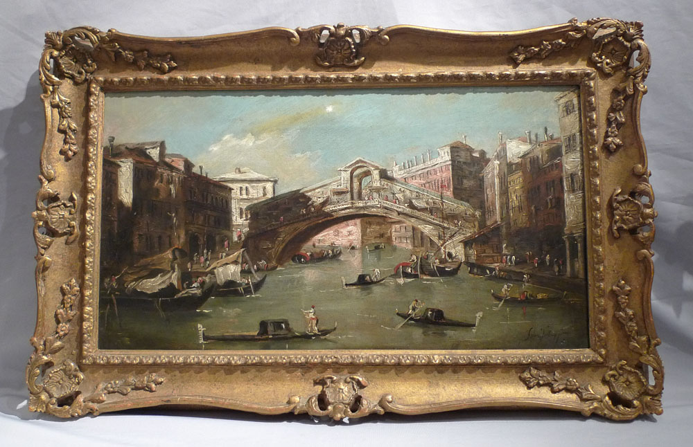 Antique framed oil painting of Venice signed Stefano Vertunni, mid 19th century.