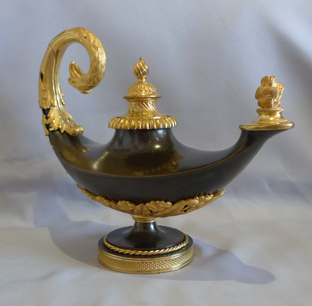 Antique English Regency cassolette in the form of a classical oil lamp.