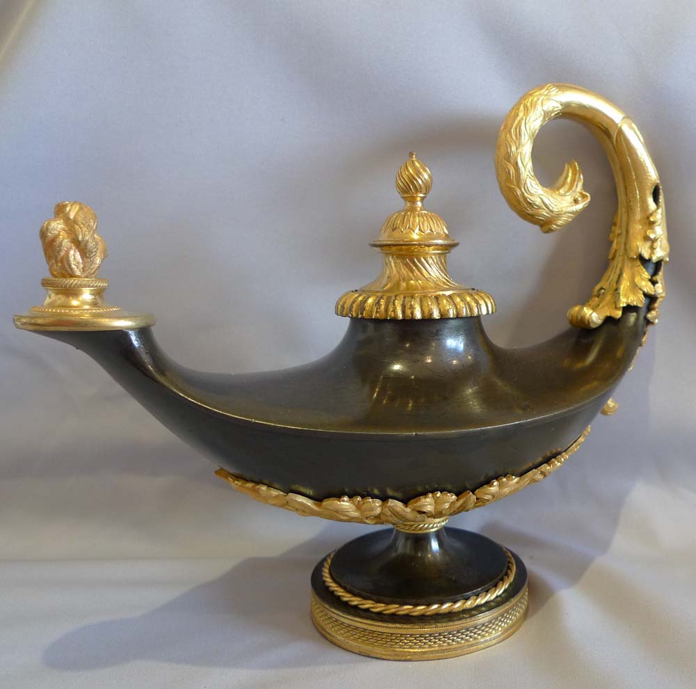 Antique English Regency cassolette in the form of a classical oil lamp.