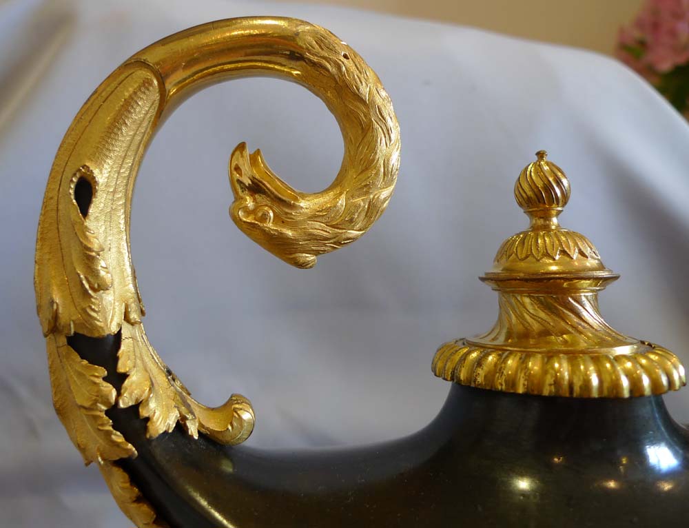 Antique English Regency cassolette in the form of a classical oil lamp.