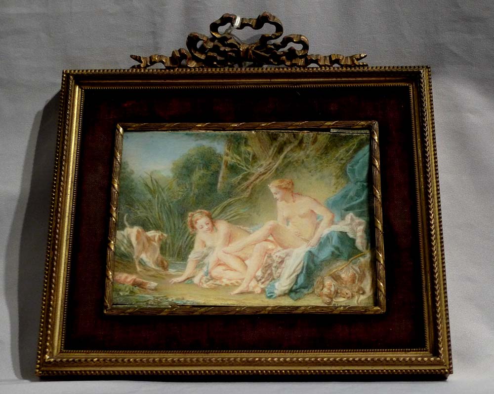 French watercolour on ivory od Diana the Huntress by M. Gonnier in ormolu frame.