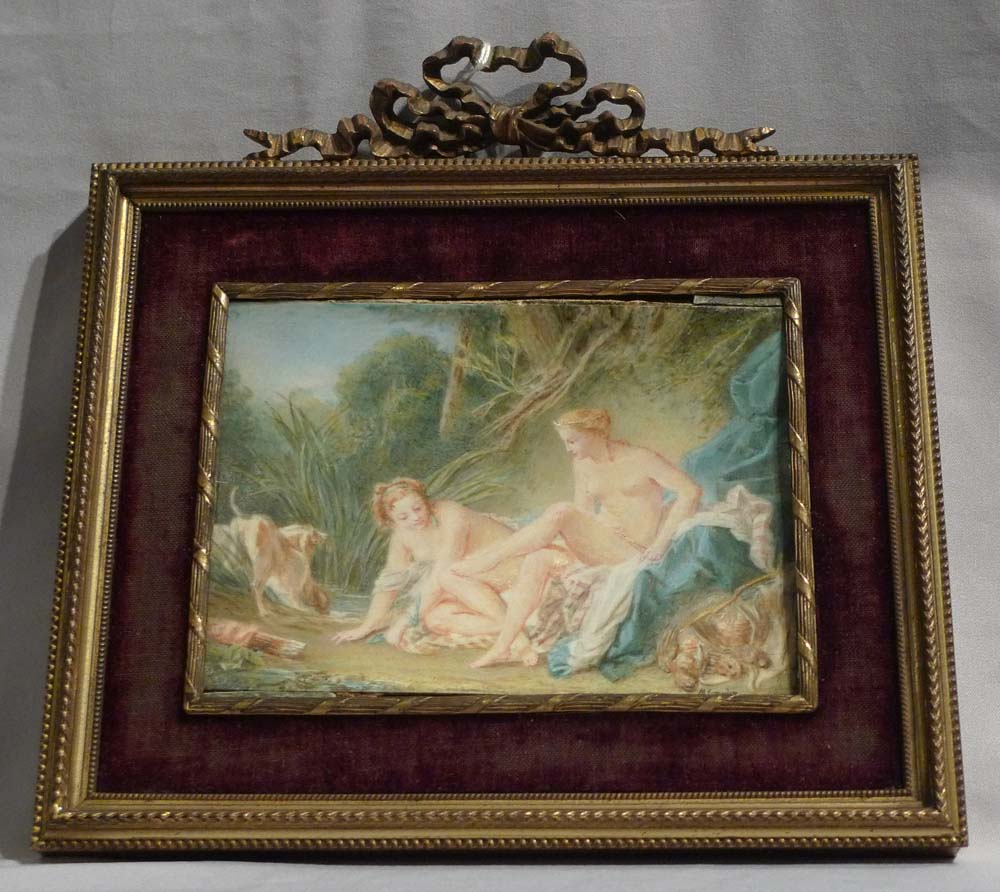 French watercolour on ivory od Diana the Huntress by M. Gonnier in ormolu frame.