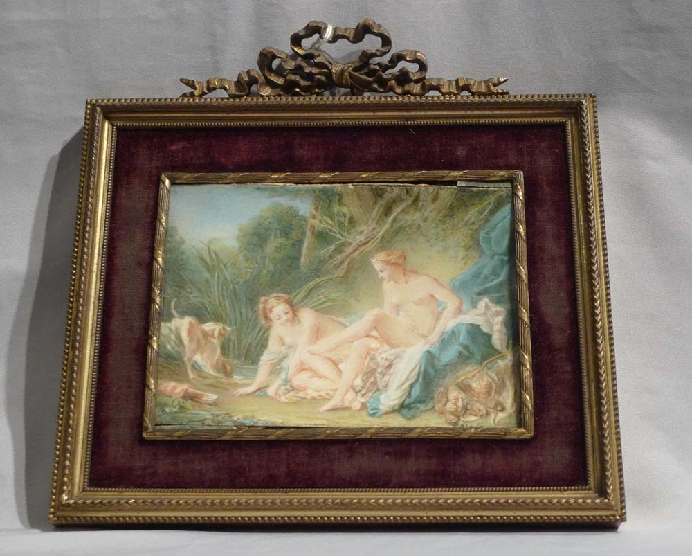 French watercolour on ivory od Diana the Huntress by M. Gonnier in ormolu frame.