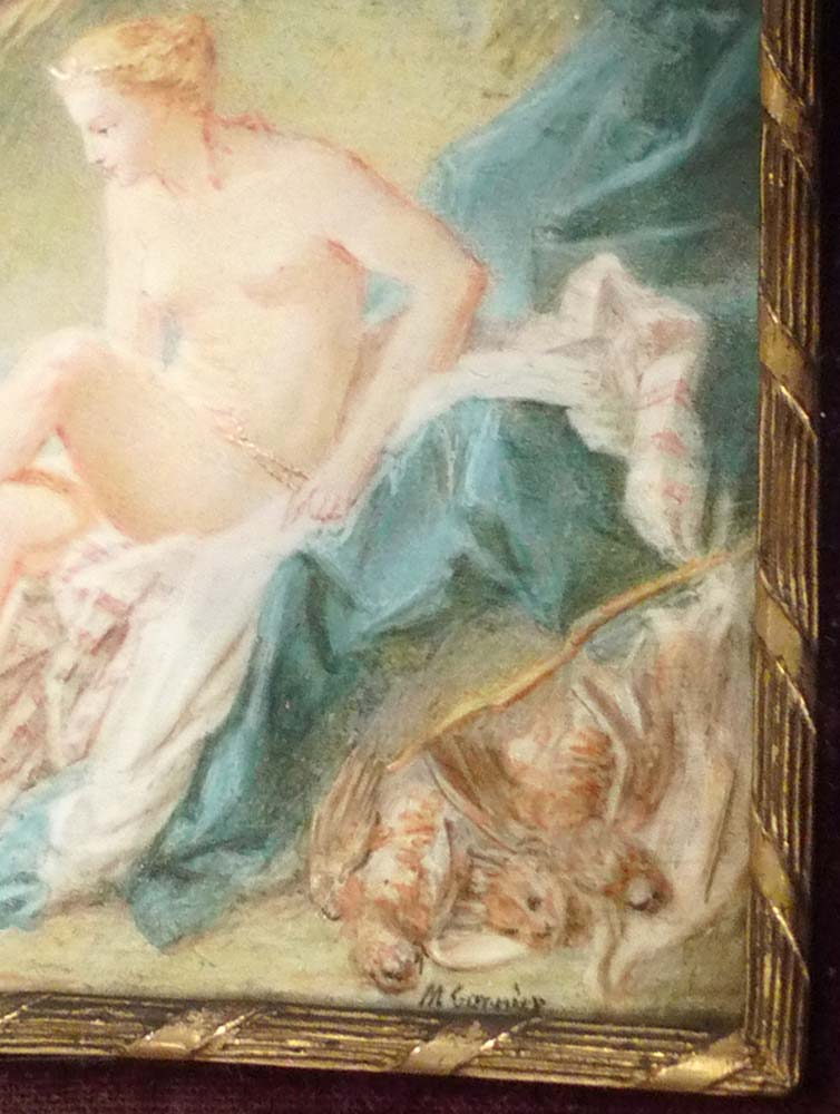 French watercolour on ivory od Diana the Huntress by M. Gonnier in ormolu frame.