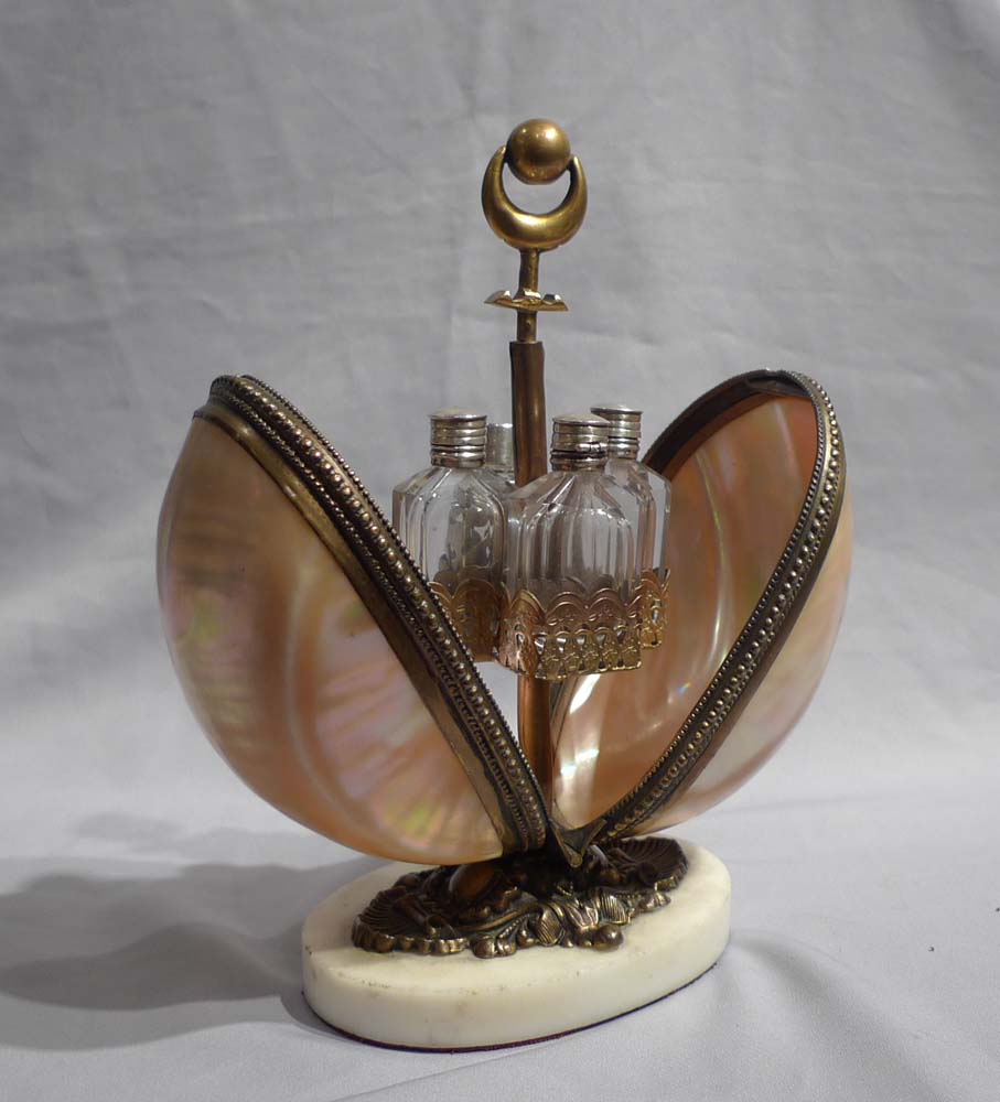 Antique shell and gilt bronze egg shaped mechaical perfume bottle holder