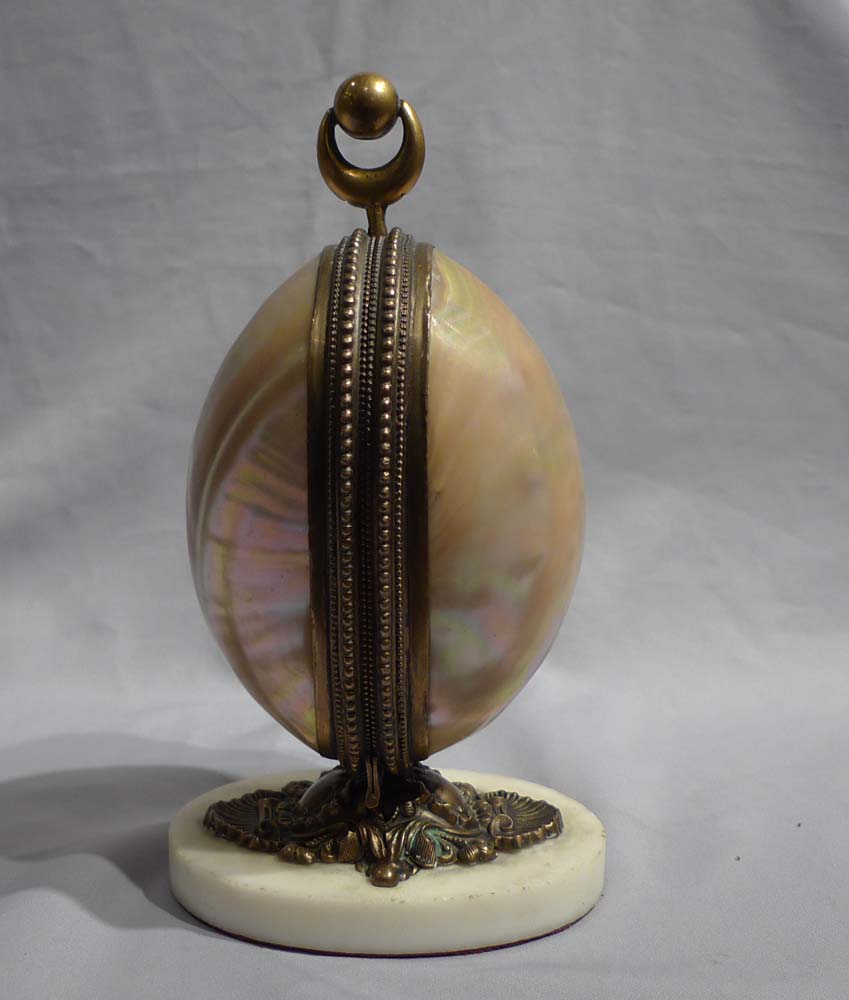 Antique shell and gilt bronze egg shaped mechaical perfume bottle holder
