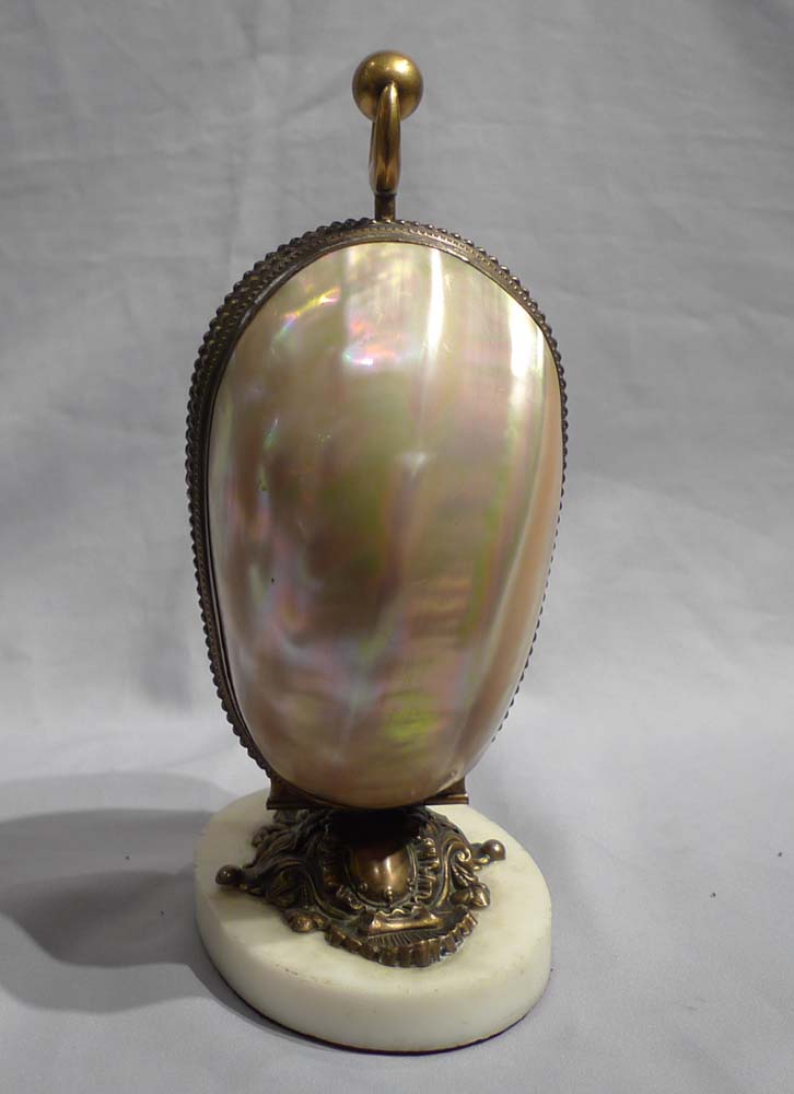 Antique shell and gilt bronze egg shaped mechaical perfume bottle holder