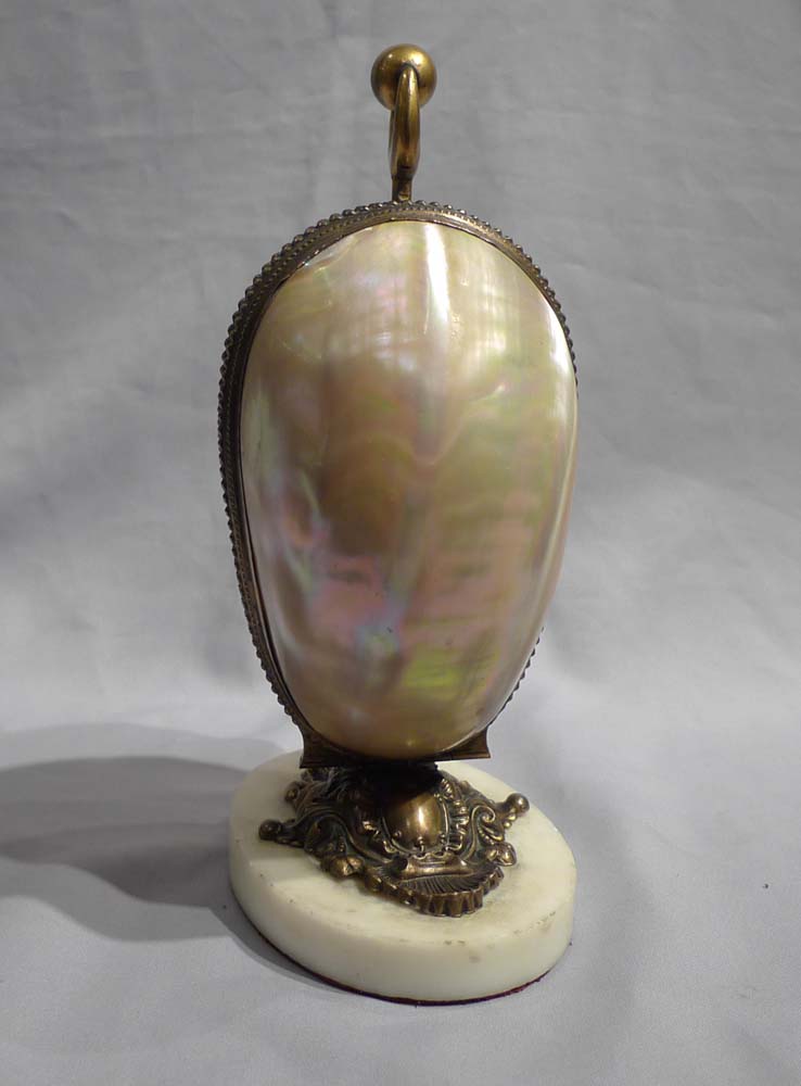 Antique shell and gilt bronze egg shaped mechaical perfume bottle holder