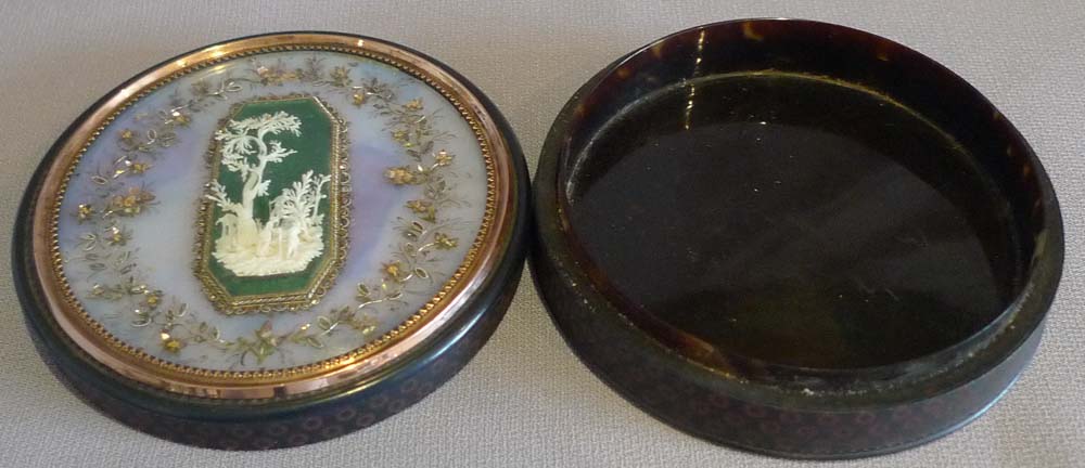 Antique French tortoiseshell, gold and ivory snuff box.