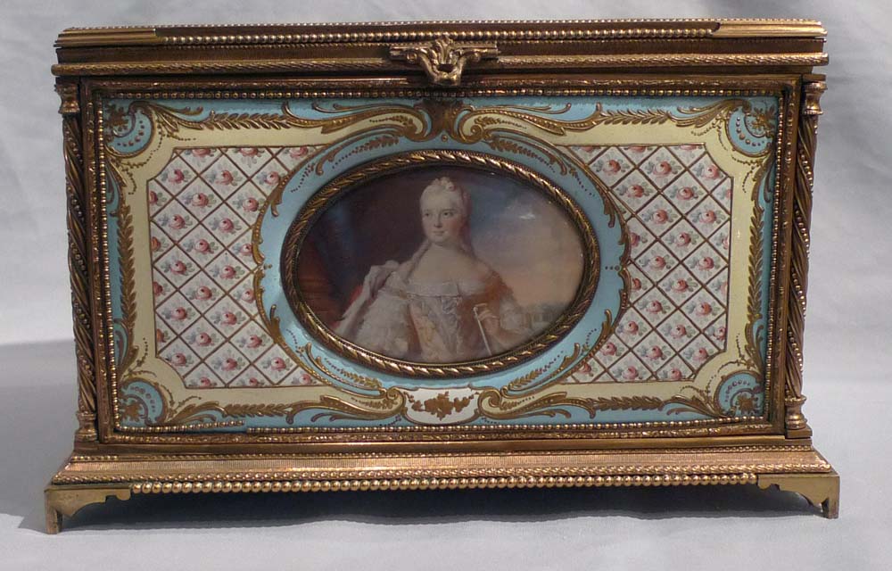 Antique French enamel & ormolu casket with 5 signed watercolour on ivory of French Royal Family