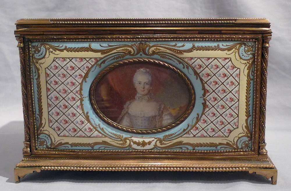 Antique French enamel & ormolu casket with 5 signed watercolour on ivory of French Royal Family