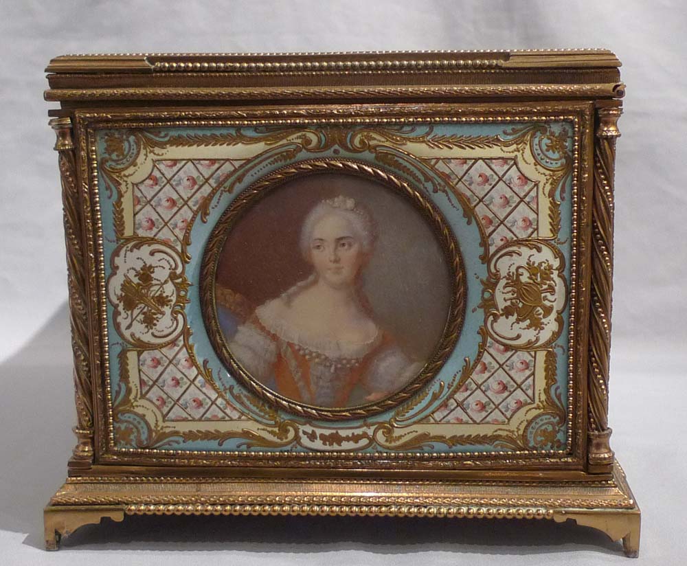 Antique French enamel & ormolu casket with 5 signed watercolour on ivory of French Royal Family