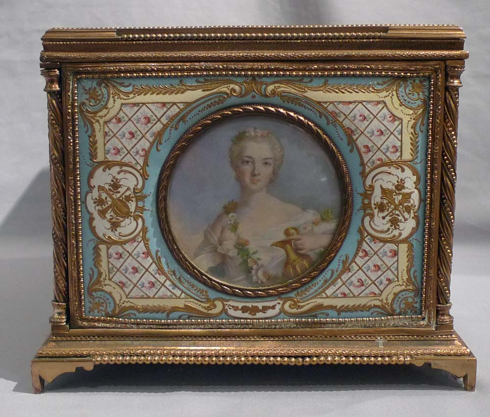 Antique French enamel & ormolu casket with 5 signed watercolour on ivory of French Royal Family