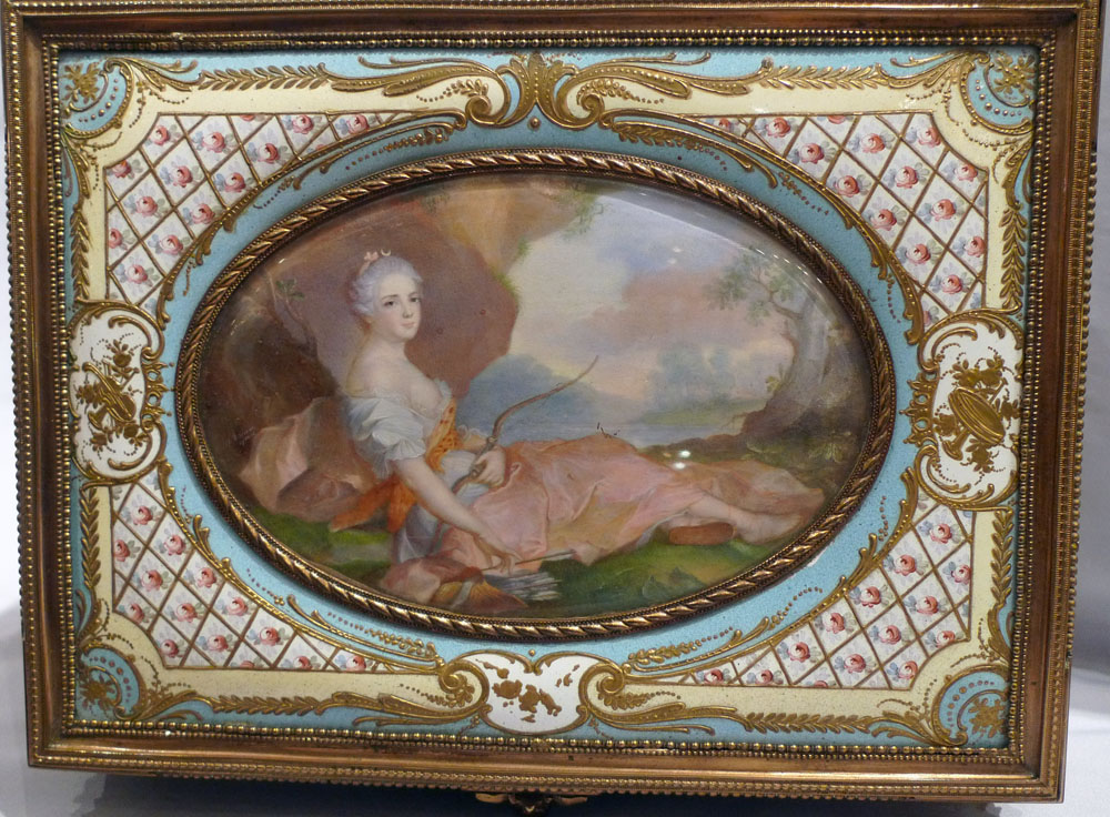 Antique French enamel & ormolu casket with 5 signed watercolour on ivory of French Royal Family