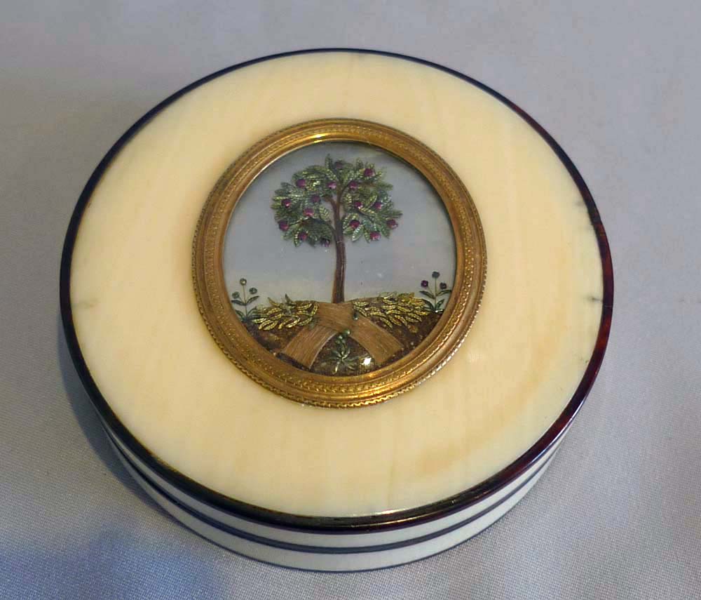 Antique George III ivory and tortoiseshell box with apple tree on mother-of-pearl background.