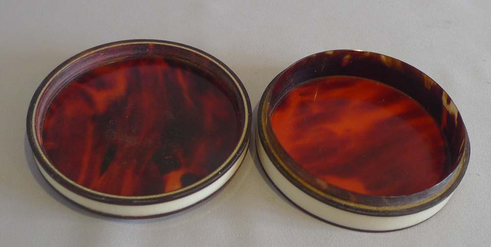Antique George III ivory and tortoiseshell box with apple tree on mother-of-pearl background.