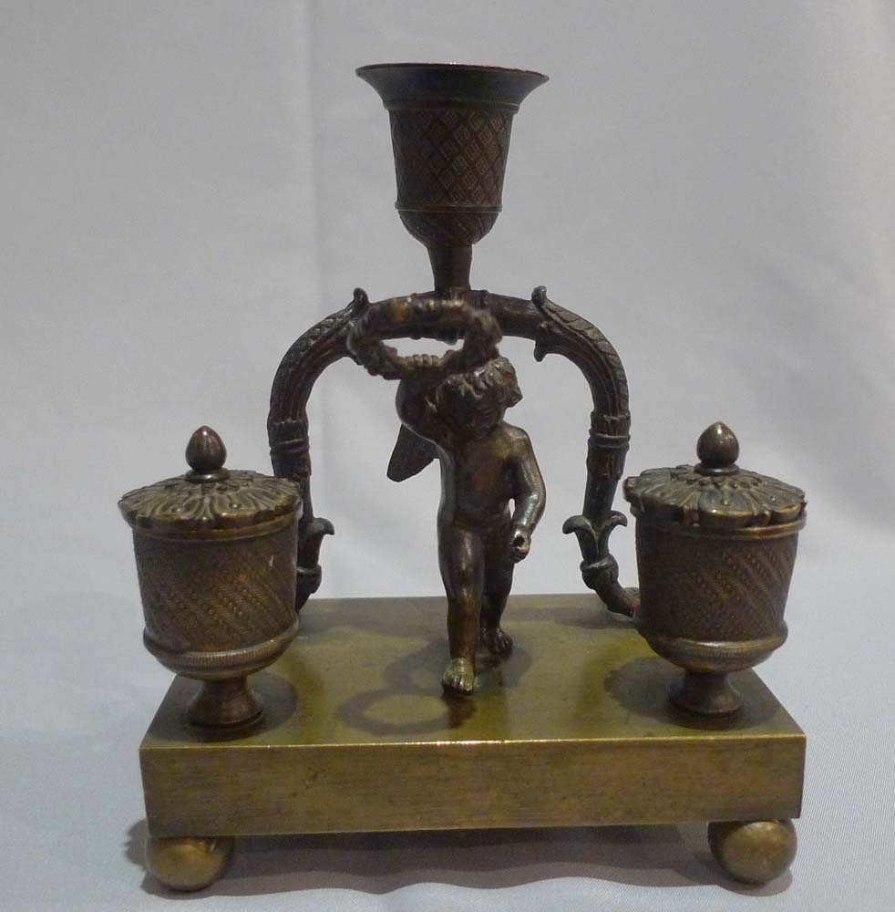 Antique English Regency cherub inkwell with candleholder