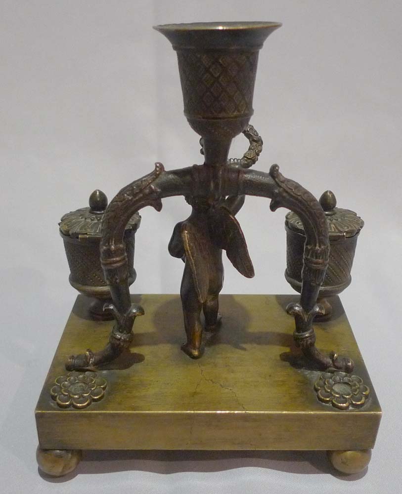 Antique English Regency cherub inkwell with candleholder