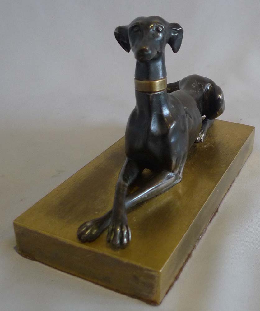 Antique English Regency patinated bronze and ormolu greyhound.