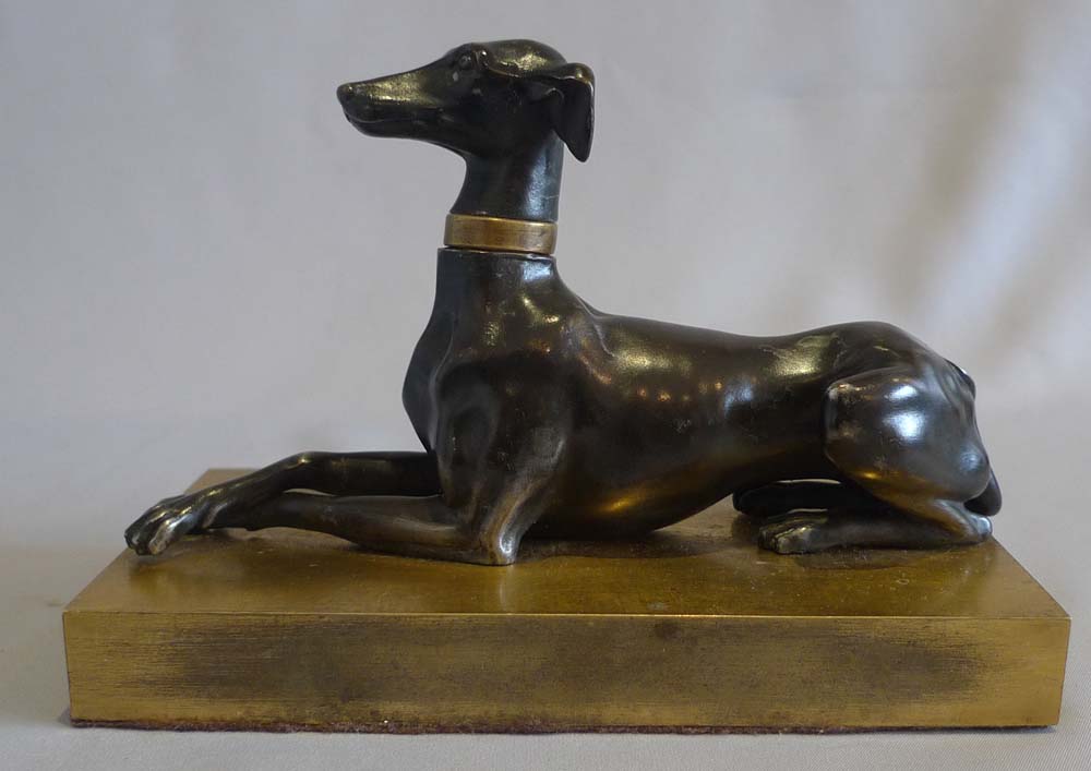 Antique English Regency patinated bronze and ormolu greyhound.