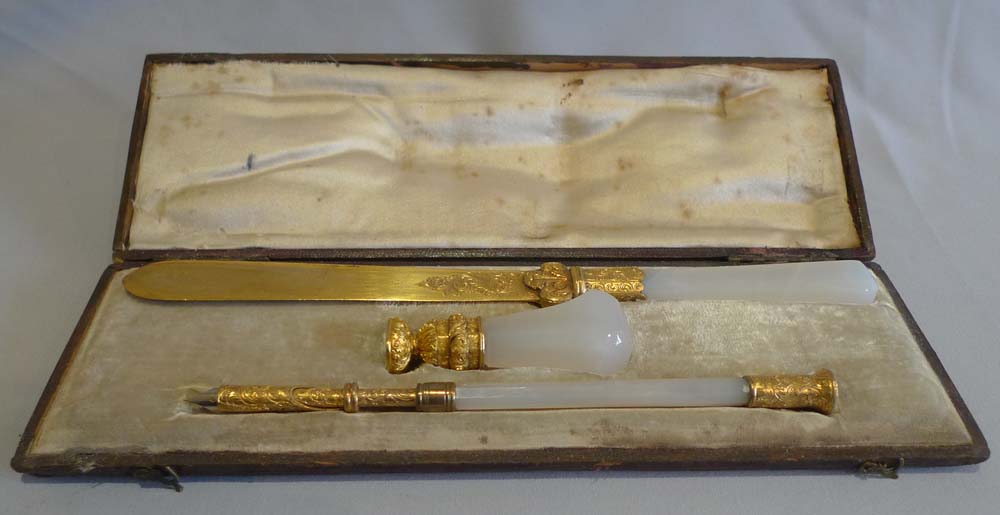 Antique Chalcedony and gilt bronze or ormolu desk set (cased) from Duke of St. Albans.