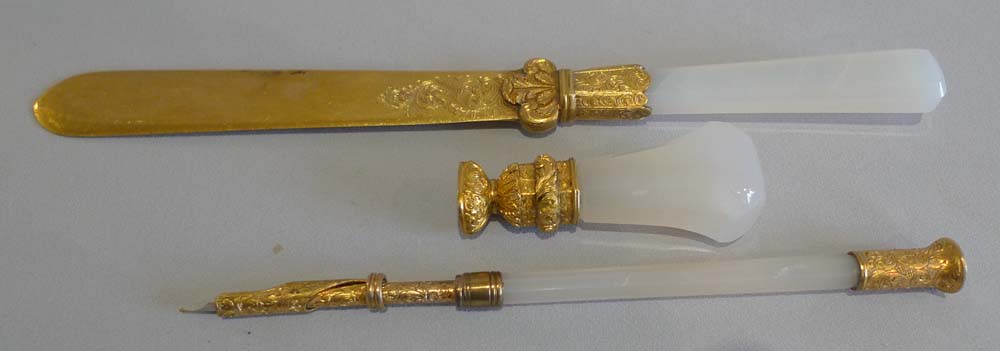 Antique Chalcedony and gilt bronze or ormolu desk set (cased) from Duke of St. Albans.