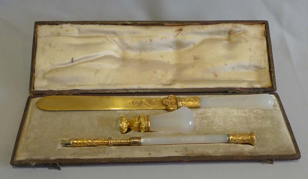 Antique Chalcedony and gilt bronze or ormolu desk set (cased) from Duke of St. Albans.