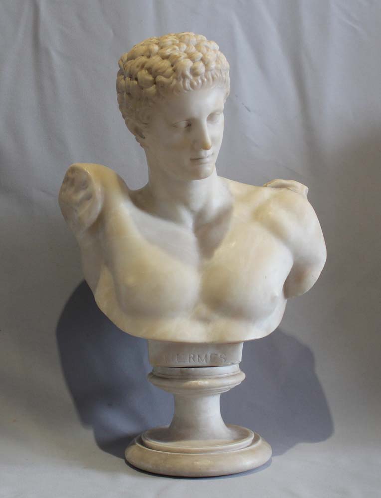 Antique Grand Tour alabaster bust of Hermes on socle.