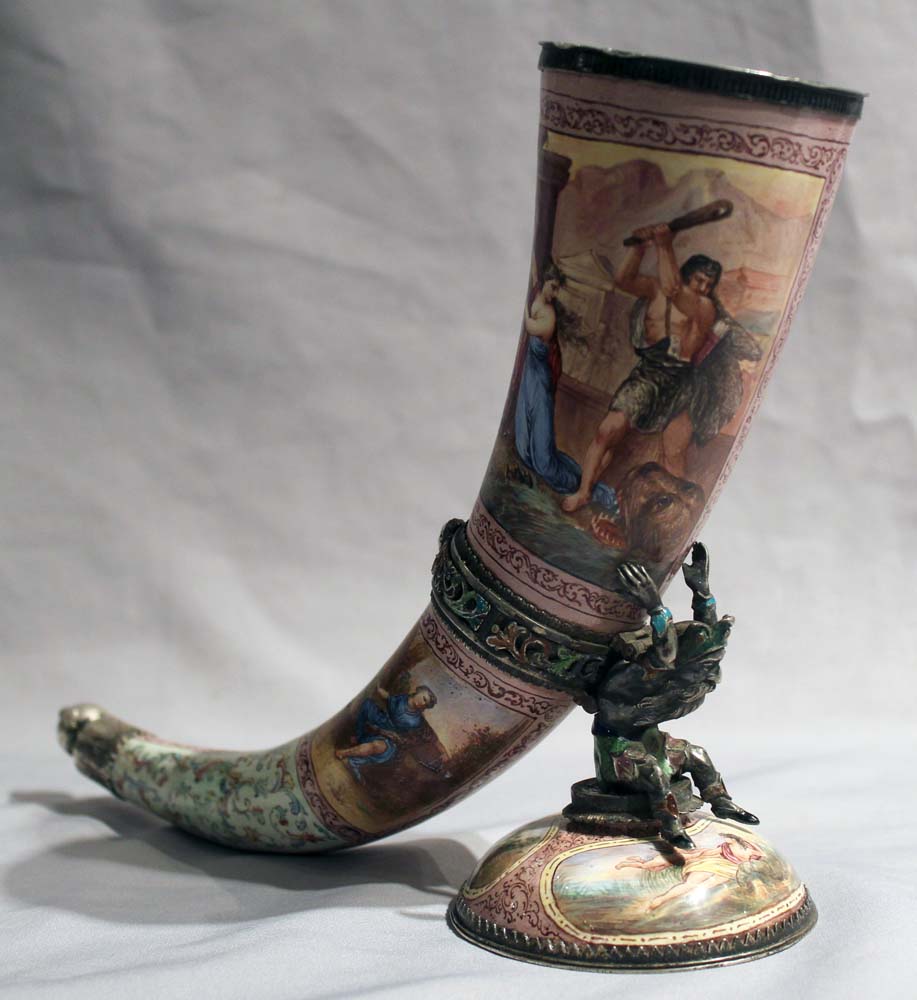 Antique Vienna silver and enamel cornucopia vase decorated with classical heroes.