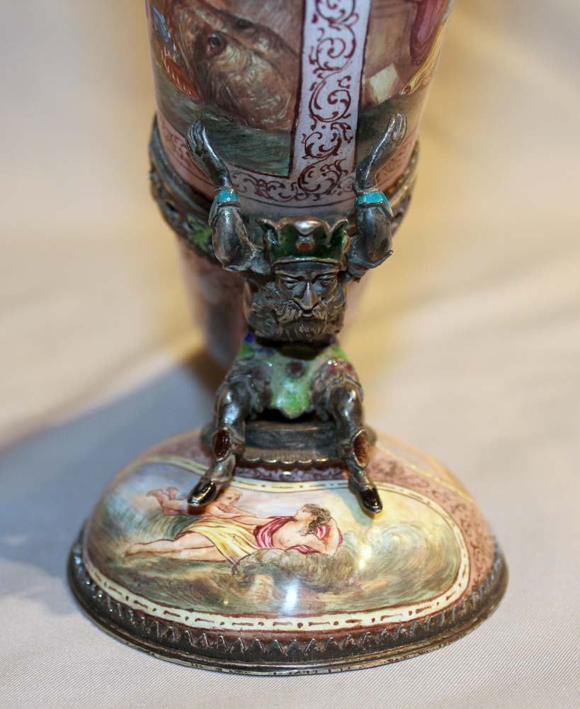 Antique Vienna silver and enamel cornucopia vase decorated with classical heroes.