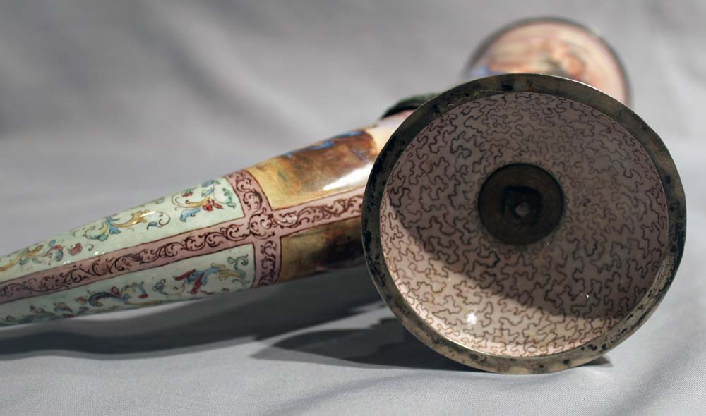 Antique Vienna silver and enamel cornucopia vase decorated with classical heroes.