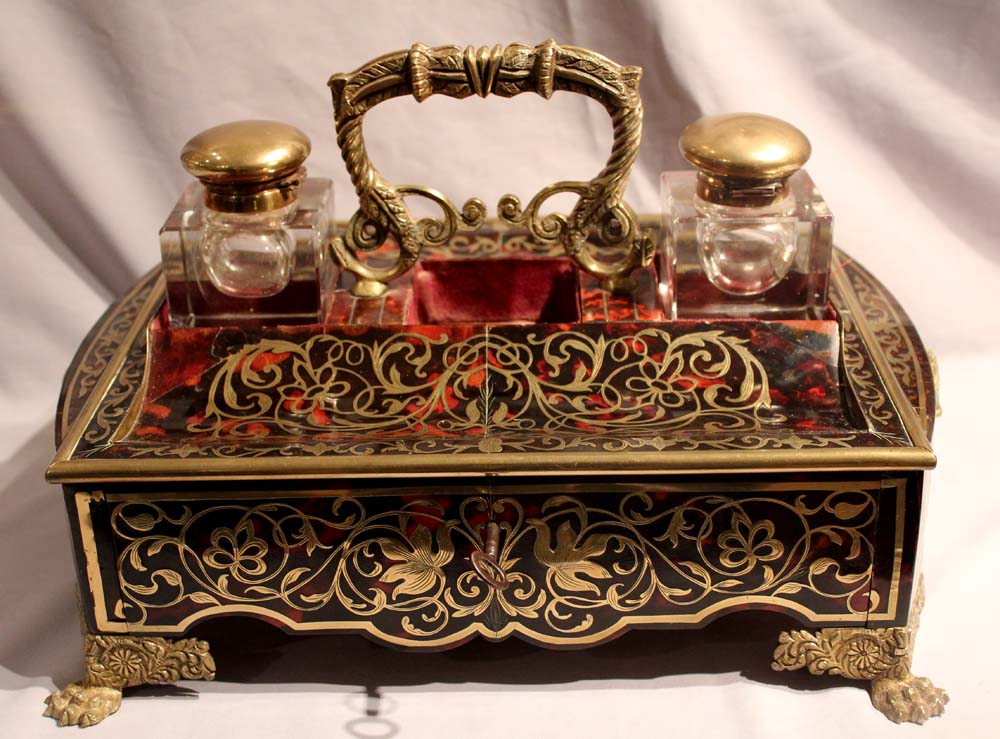 Antique English George IV Boulle desk set or ecrier.